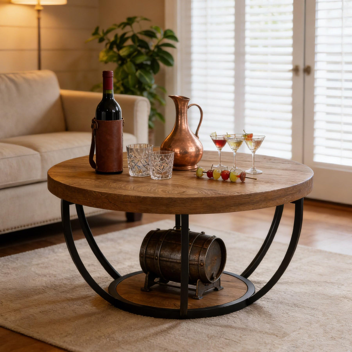Round 2-Tier Wood Coffee Table with Storage D69878