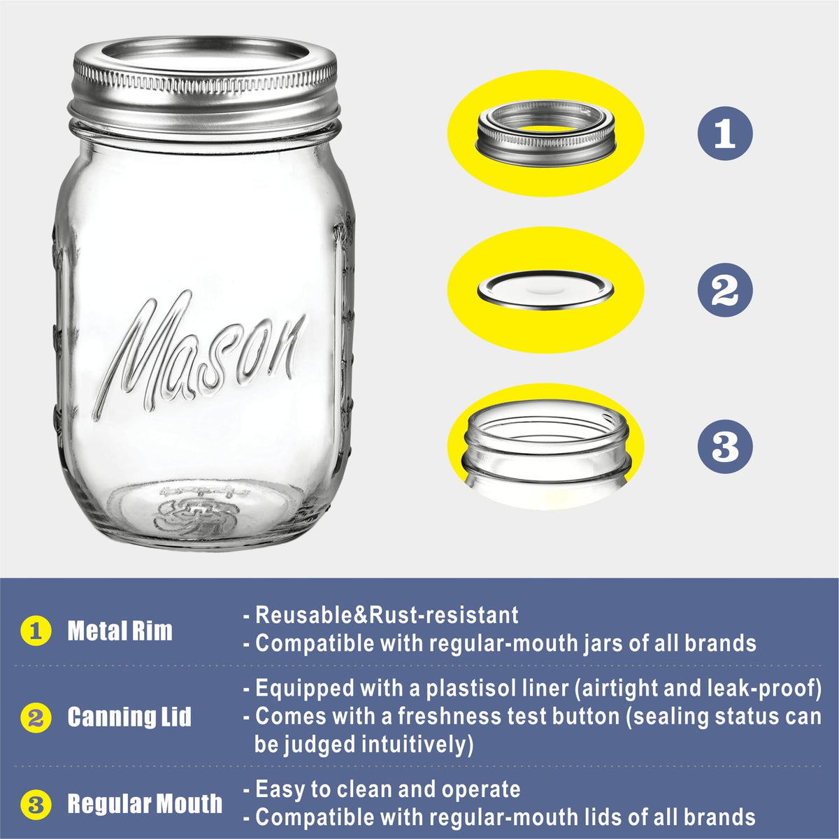 16 oz 6-Pack Regular Mouth Glass Mason Jars with Airtight Lids V6152