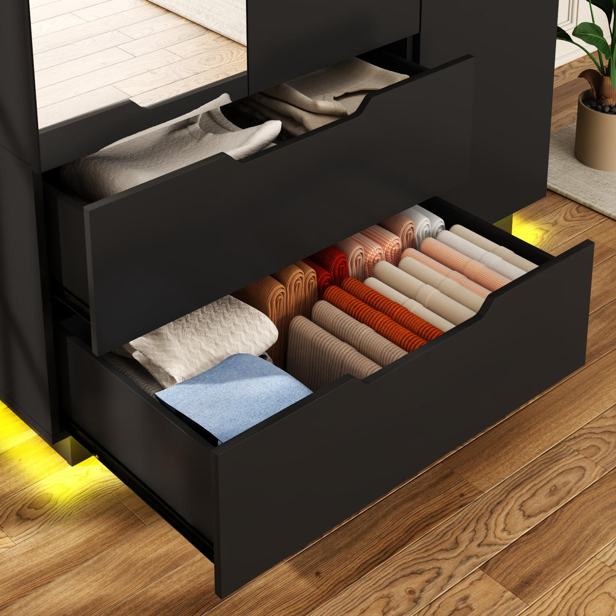 3 Doors Armoire Wardrobe Closet with Mirror, 2 Drawers, LED Light, Hanging Rod, Black E27424