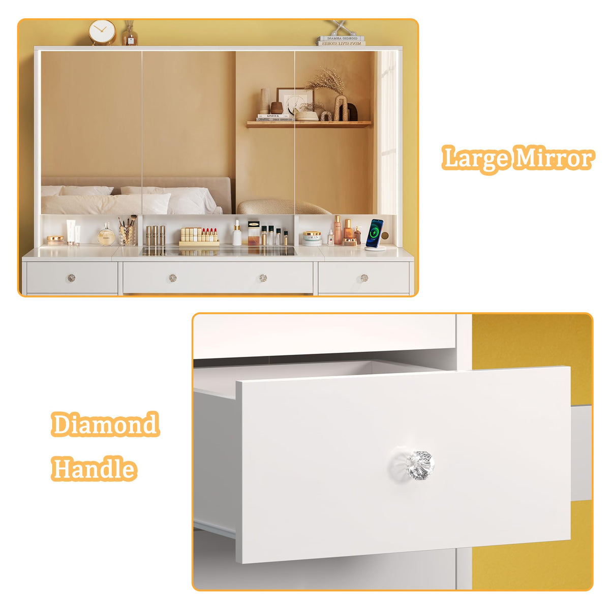 50'' White Glass Top Makeup Vanity with 11 Drawers and LED Mirror E1226