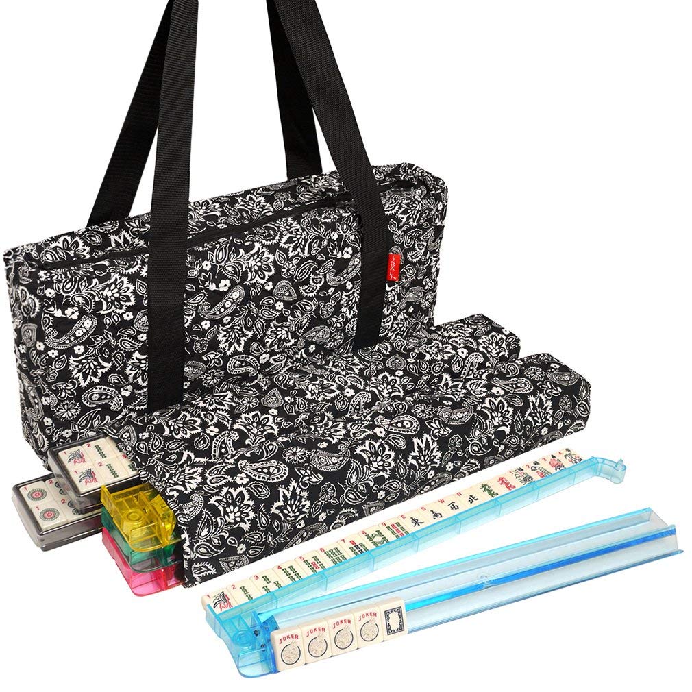 Black Paisley Mahjong Set with Soft Bag, 166 Ivory Colored Engraved Tiles, 4 All-in-One Rack/Pushers R60283