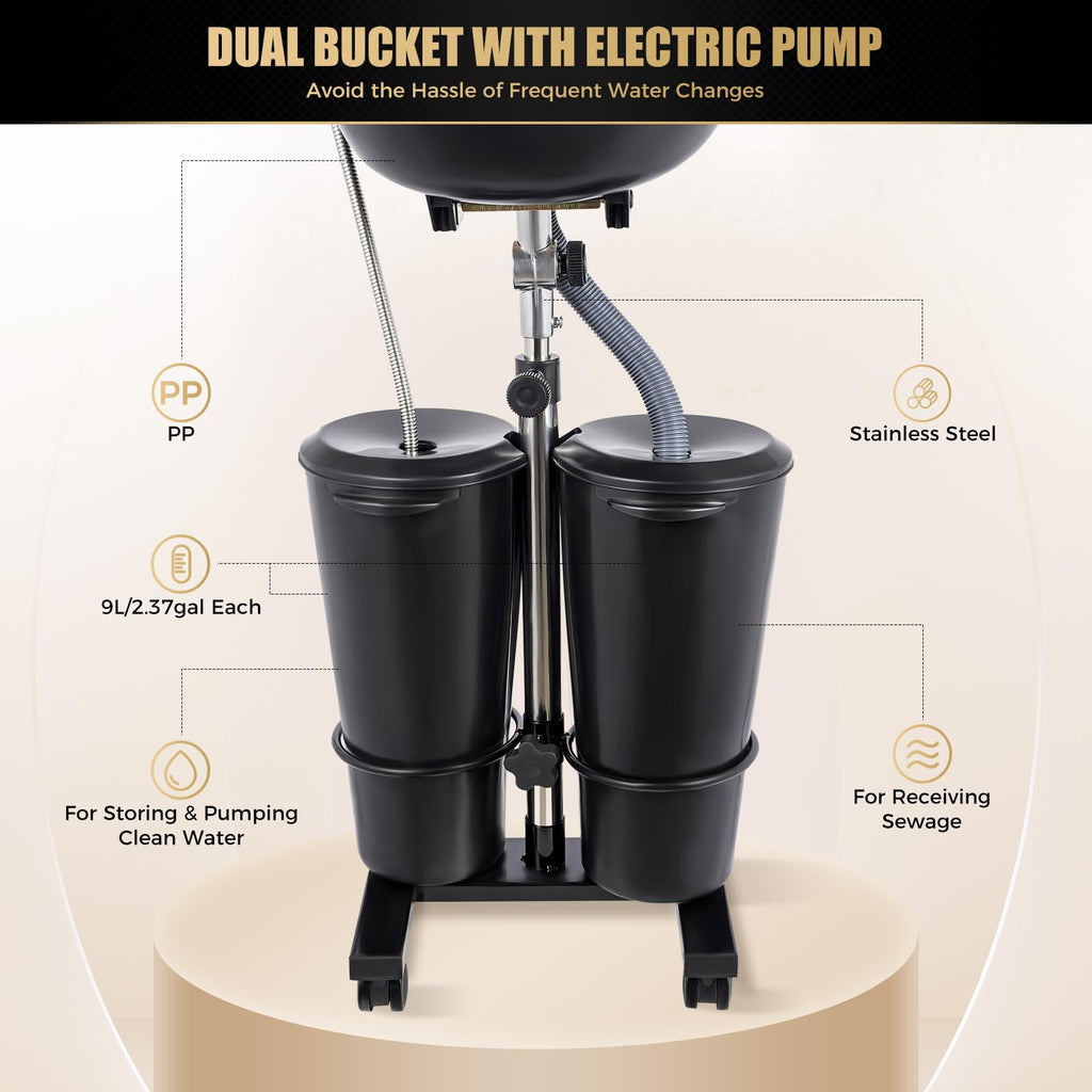 Portable Shampoo Bowl with Electric Pump, 2 Buckets, Adjustable Height T96721