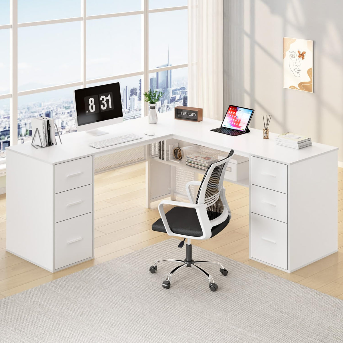 White L Shaped Desk with Drawers H392