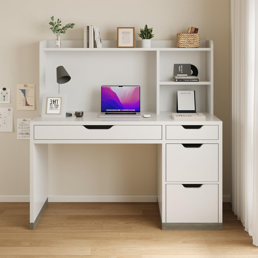 White Desk with Hutch and 4 Drawers M436972