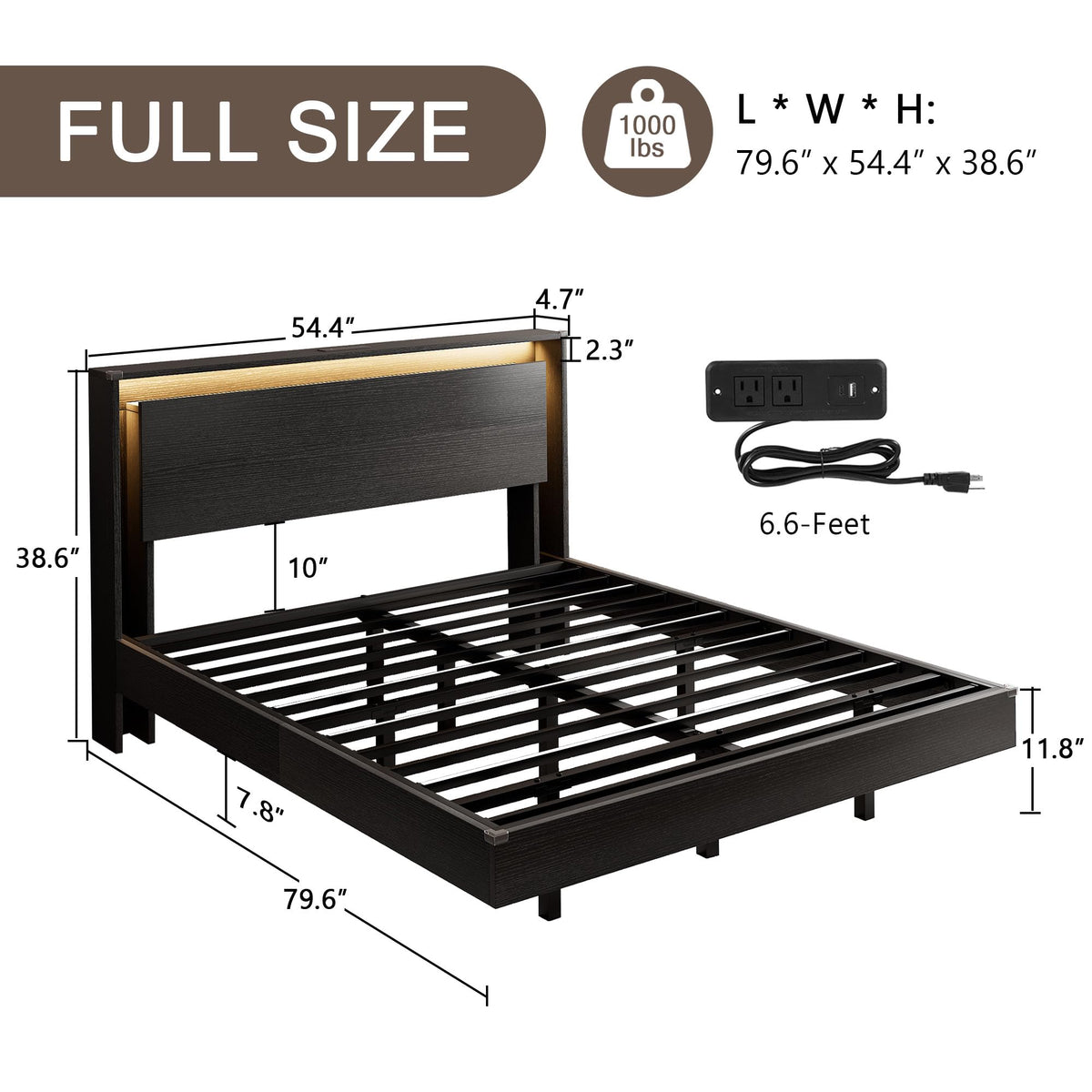 Full Size Wood Bed Frame with Storage Headboard and LED Lights T37472