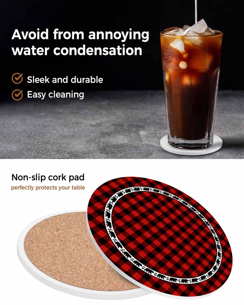 Red Black Buffalo Plaid Set of 6 Absorbent Stone Ceramic Coasters with Holder U517
