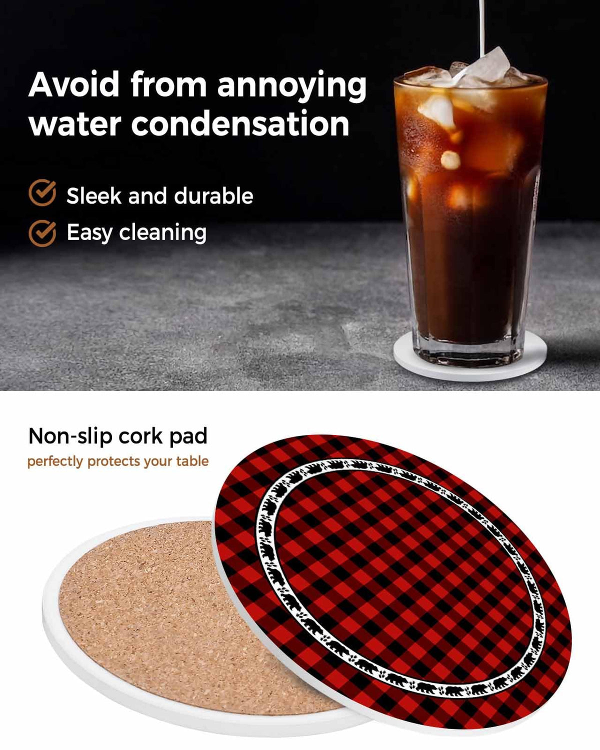 Red Black Buffalo Plaid Set of 6 Absorbent Stone Ceramic Coasters with Holder U517