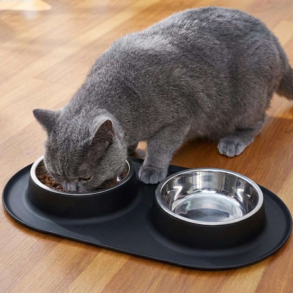 Stainless Steel Cat Food Bowls with Non-Slip Mat, 1.5 Cups Each A448258
