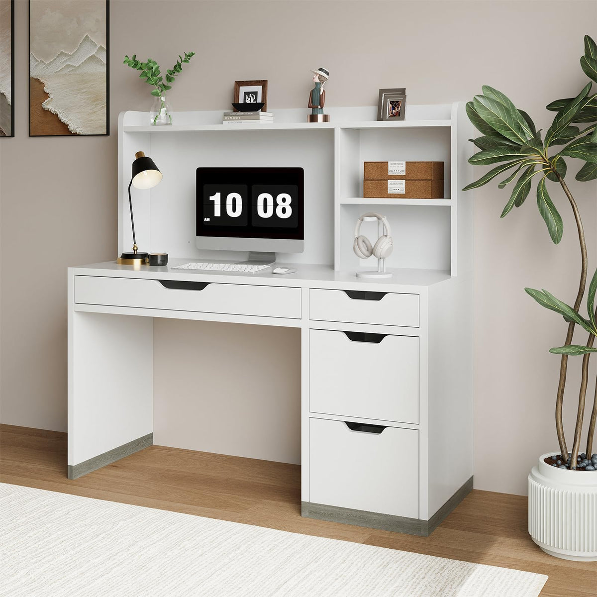 White Desk with Hutch and 4 Drawers M436972