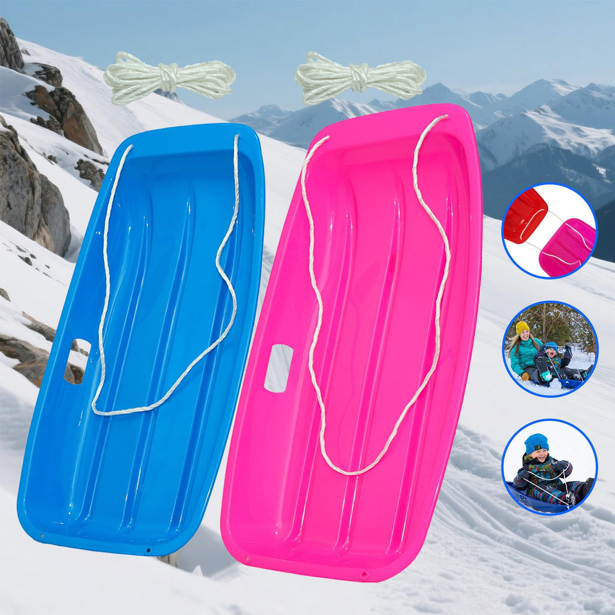 35 Inch 2-Person Plastic Snow Sled with Pull Rope E784789