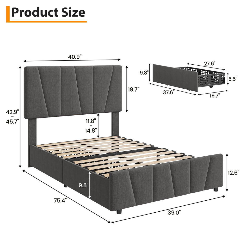 Twin Size Upholstered Bed Frame with 2 Storage Drawers A733490