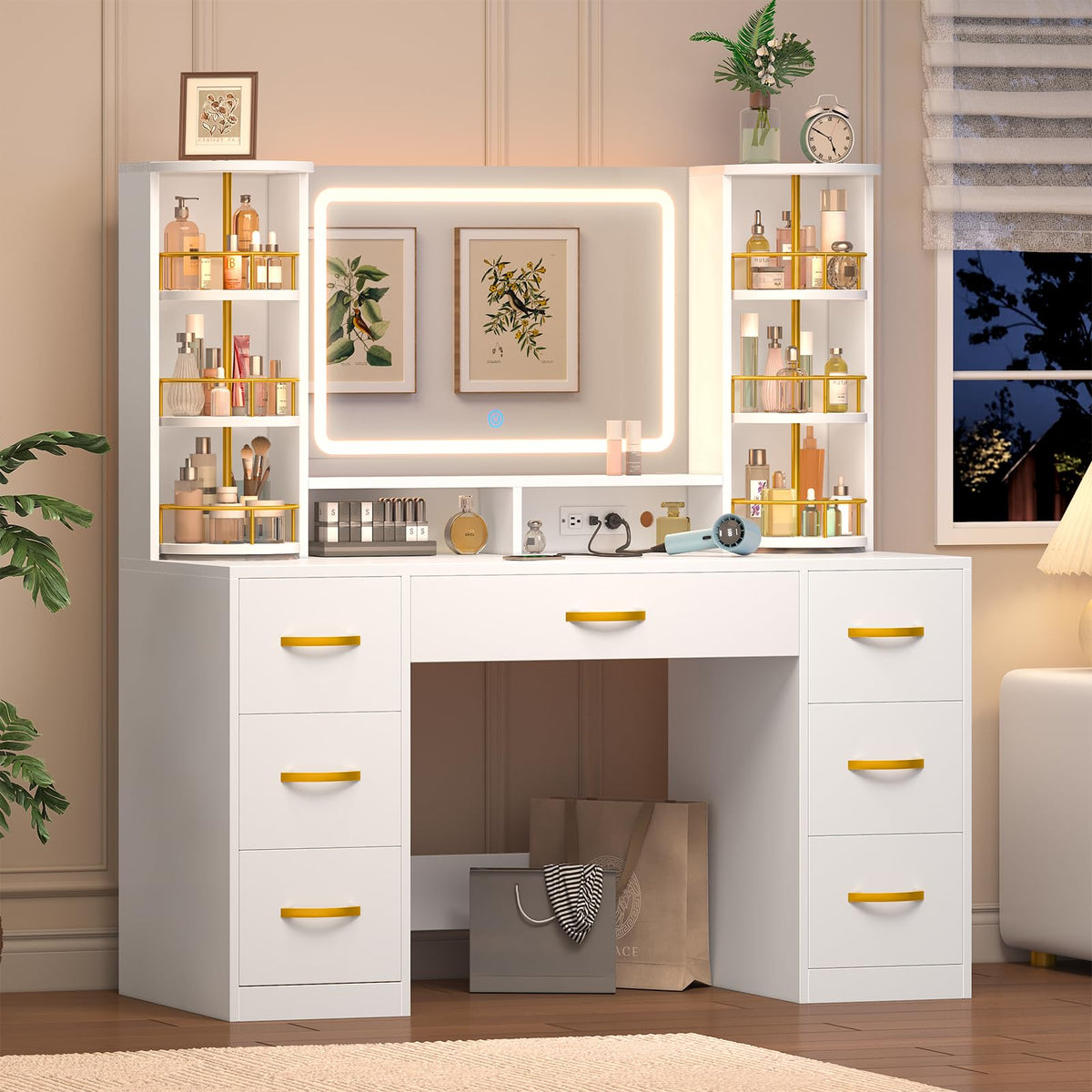 Vanity Desk with Mirror and Lights, 7 Drawers T848075