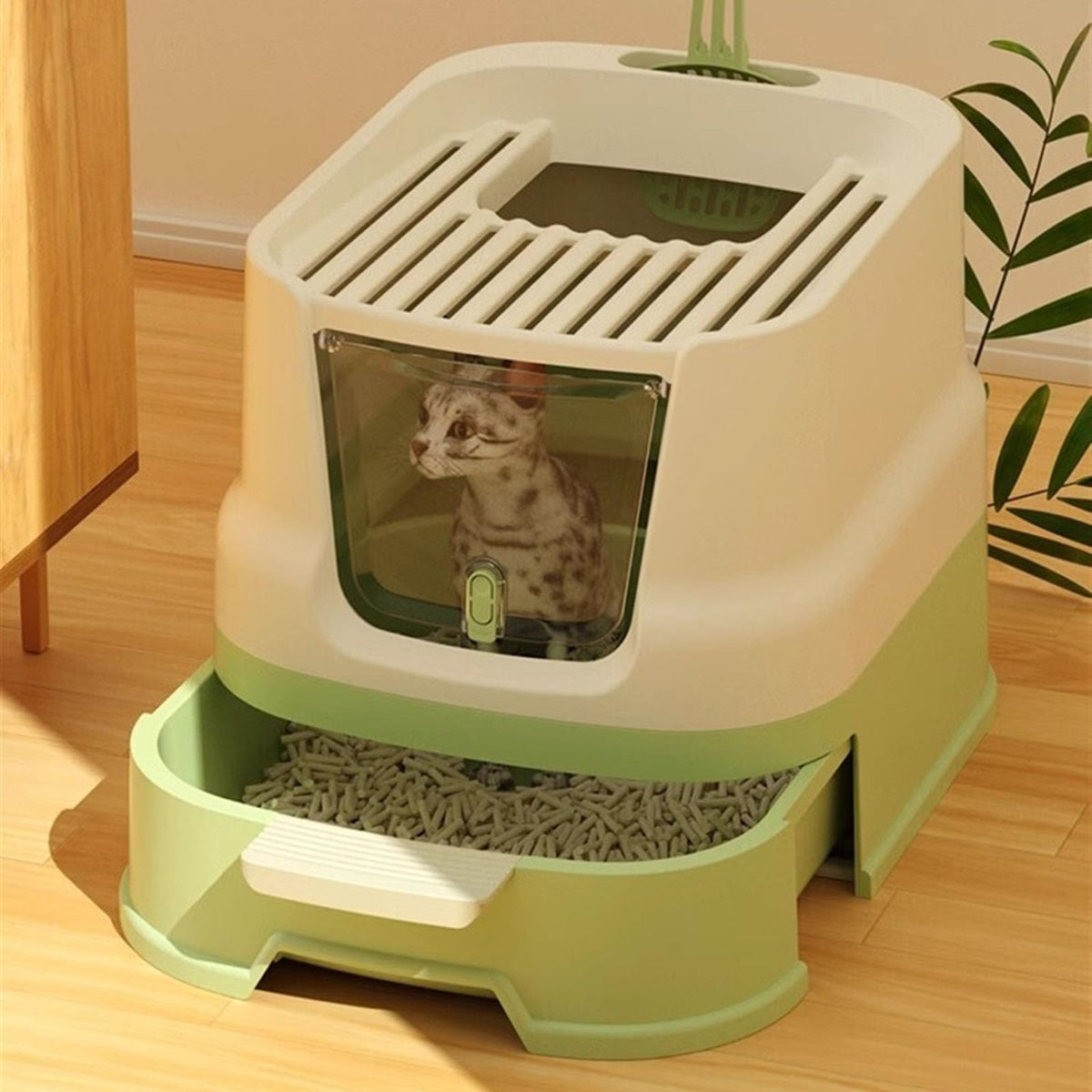 Cat Litter Box with Lid, Top Entry with Scoop, Enclosed Plastic with Drawer I45982