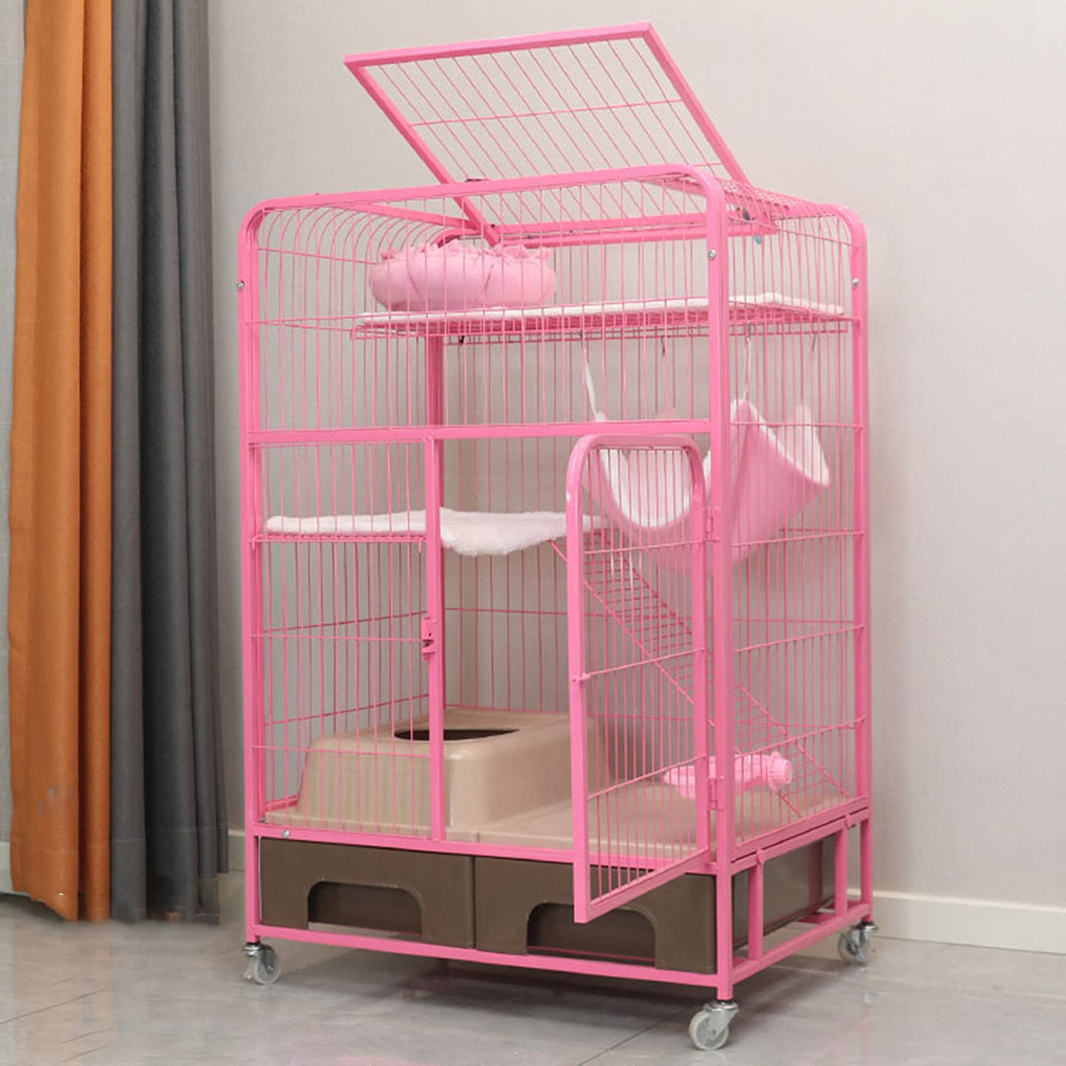 Pink Folding Metal Cat Cage Dog Crate with Four Wheels M288381