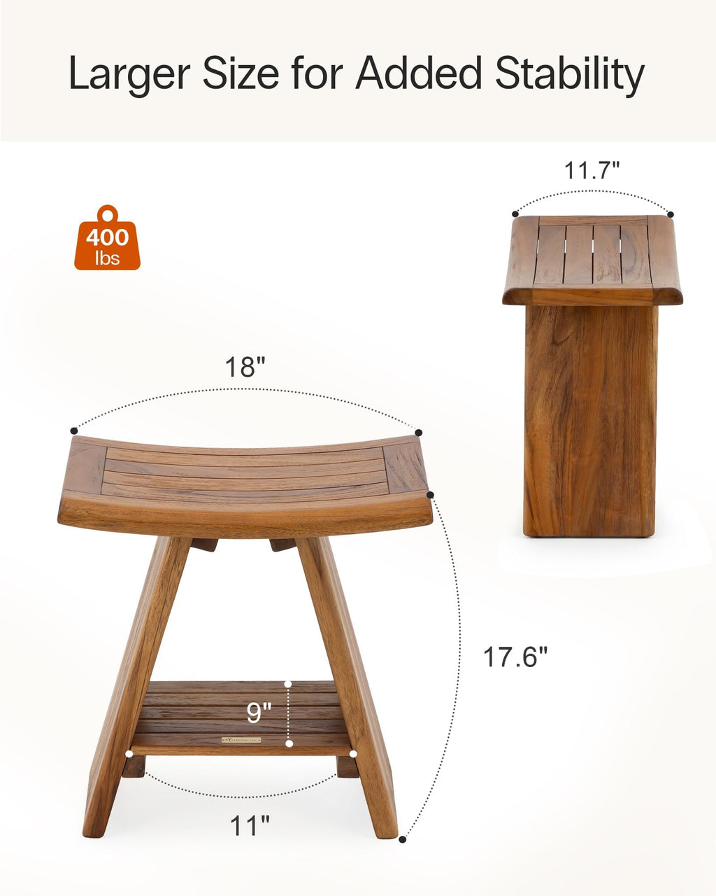 Teak Shower Stool with Shelf, 18 in, 400 lb Capacity N1852
