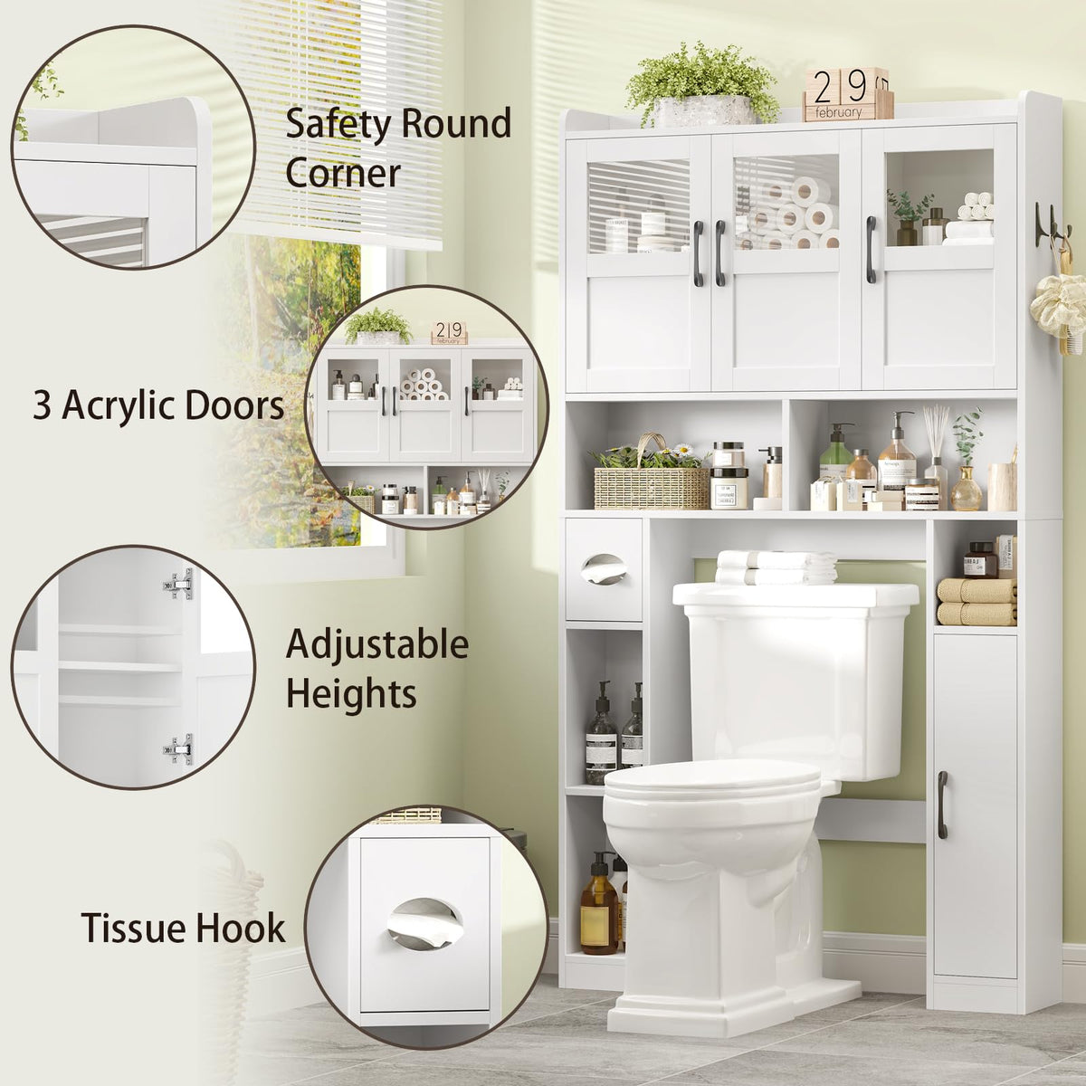 Over The Toilet Cabinet with 3 Acrylic Doors G651