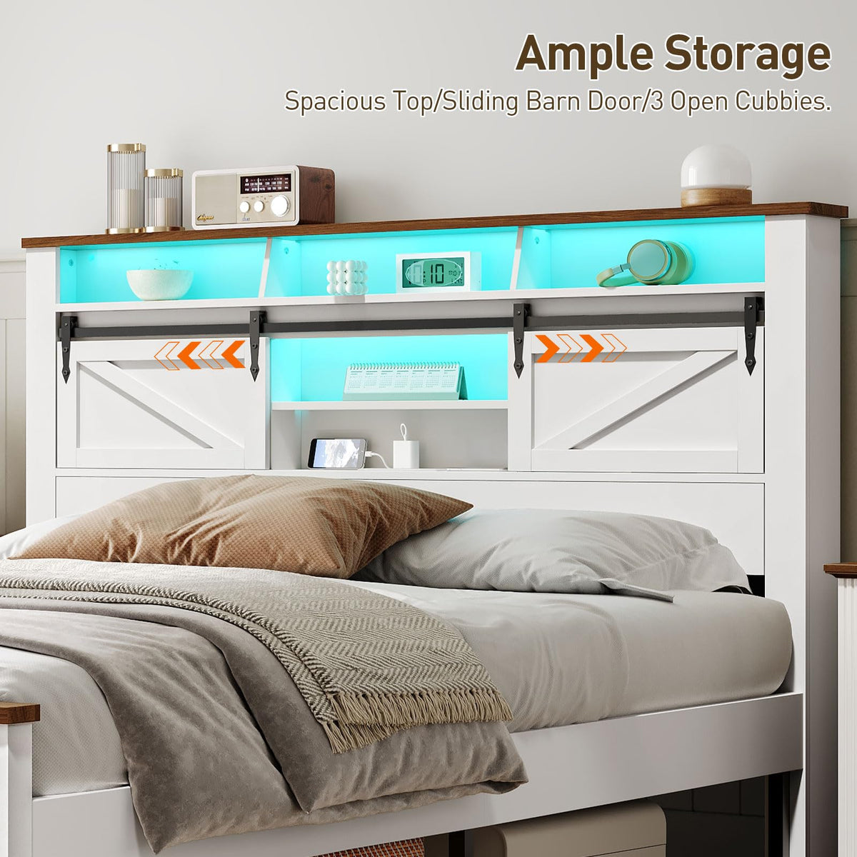 White and Walnut Full Size Storage Bed Frame I528