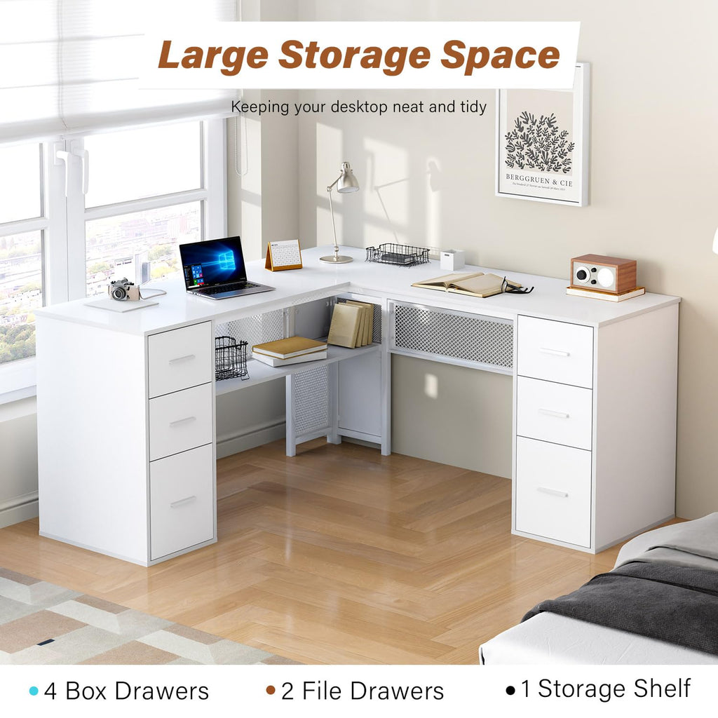 White L Shaped Desk with Drawers H392