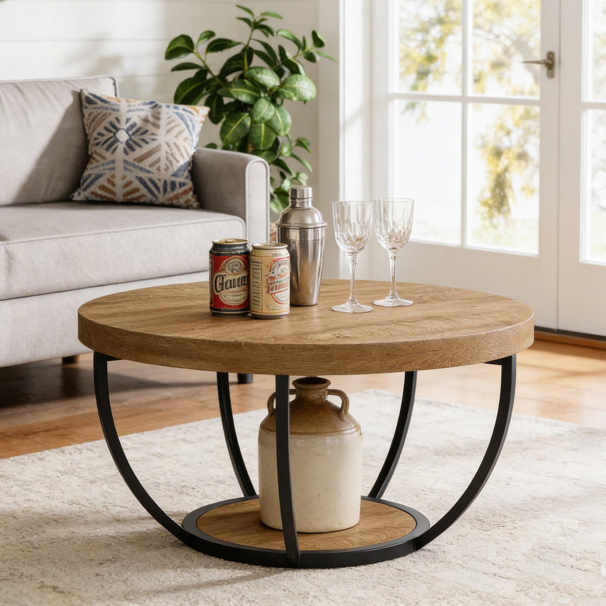 Round 2-Tier Wood Coffee Table with Storage D69878