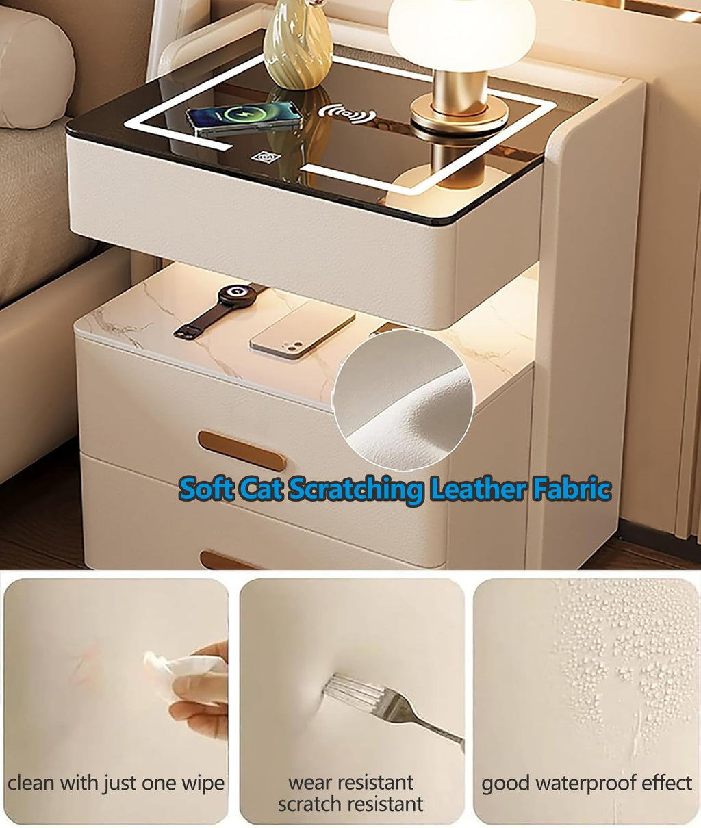 Smart Nightstand with 2 Storage Drawer, Wireless Charging Station, 3-Color Adjustable LED Light, Solid Wood Side Table D762