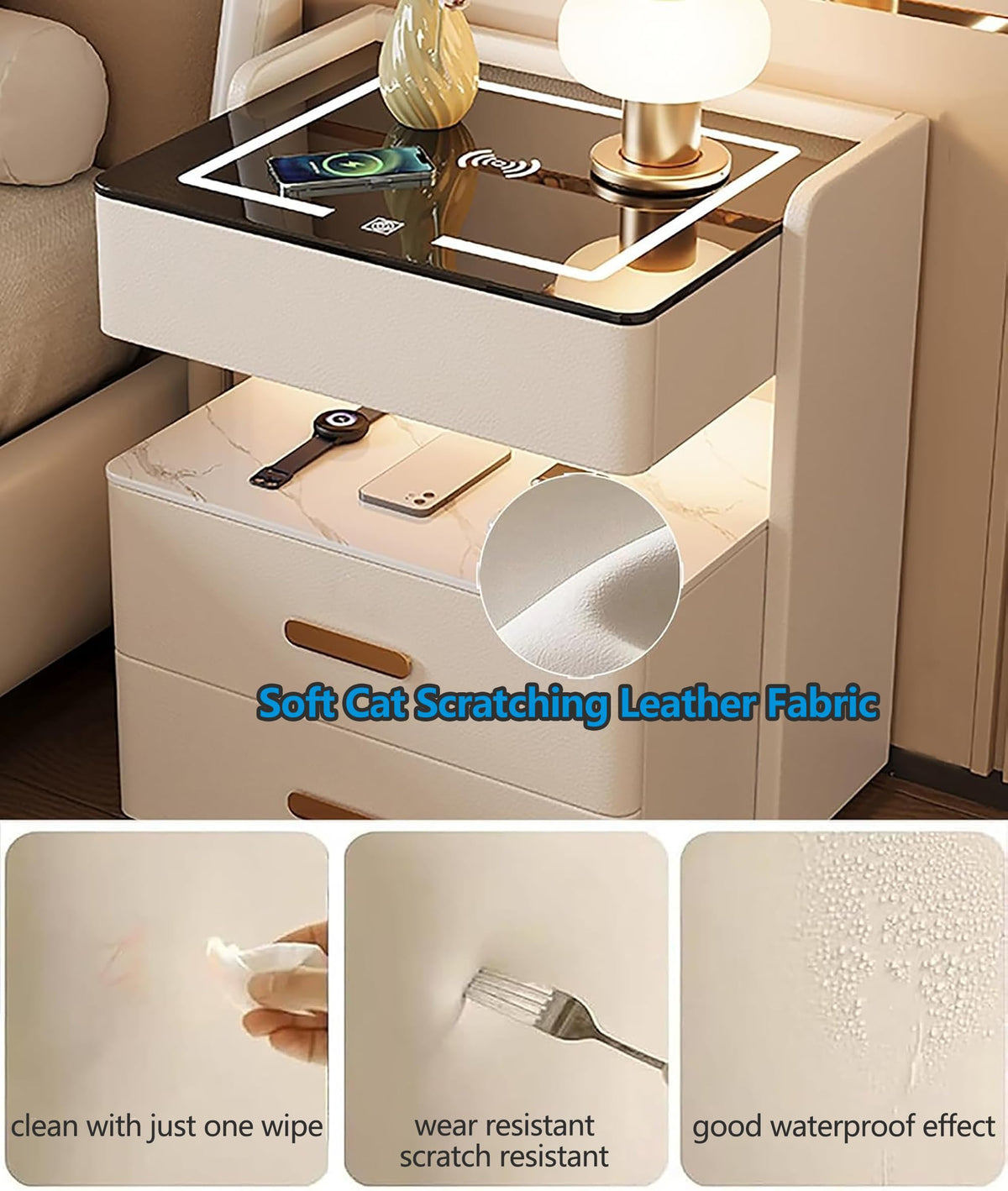 Smart Nightstand with 2 Storage Drawer, Wireless Charging Station, 3-Color Adjustable LED Light, Solid Wood Side Table D762