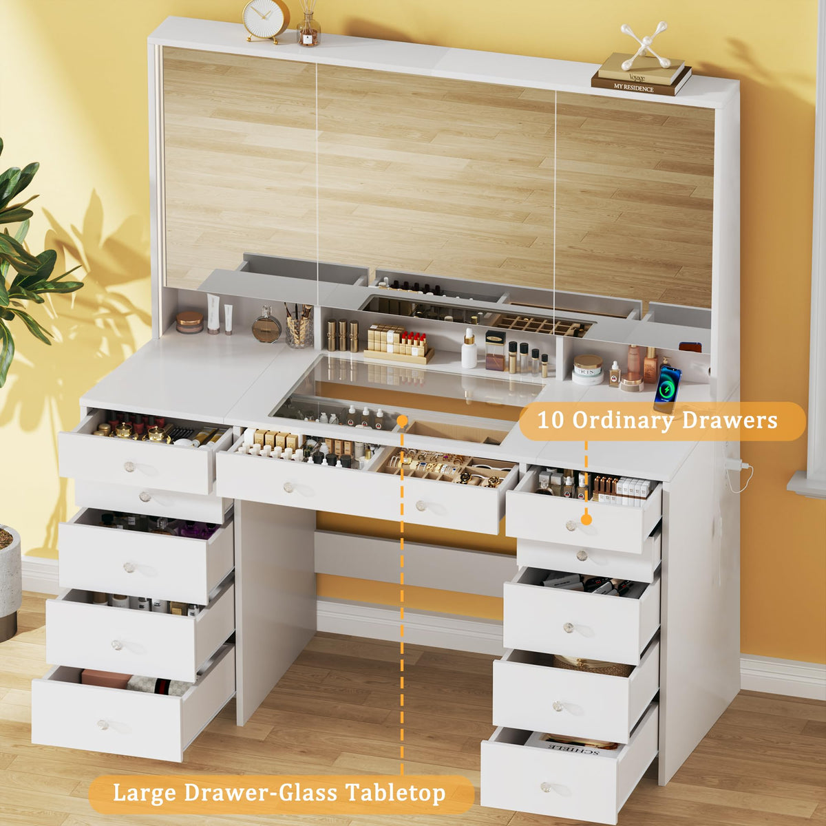 50'' White Glass Top Makeup Vanity with 11 Drawers and LED Mirror E1226