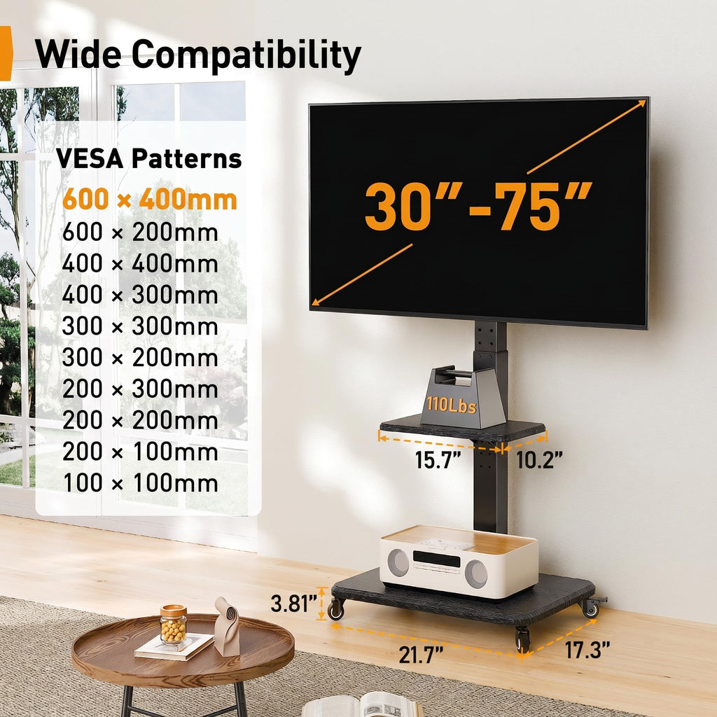 Rolling TV Stand with Wheels for 30-75 Inch TVs D8190