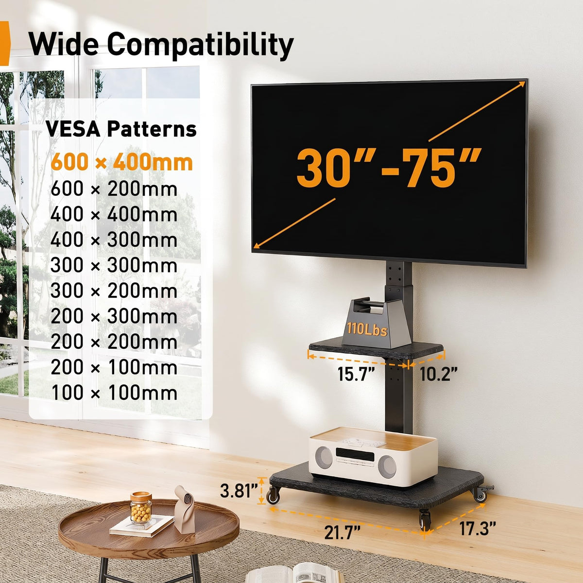 Rolling TV Stand with Wheels for 30-75 Inch TVs D8190