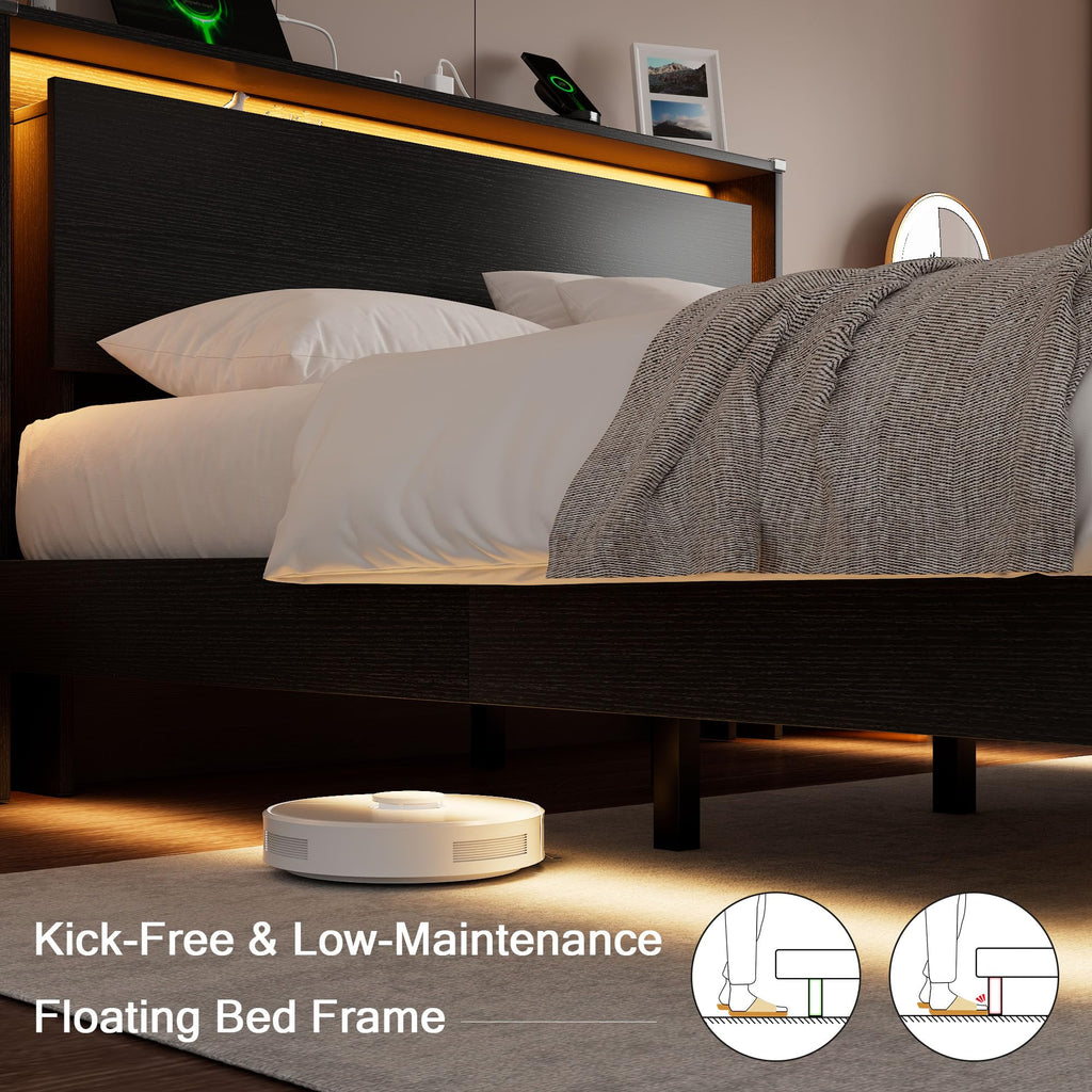 Full Size Wood Bed Frame with Storage Headboard and LED Lights T37472