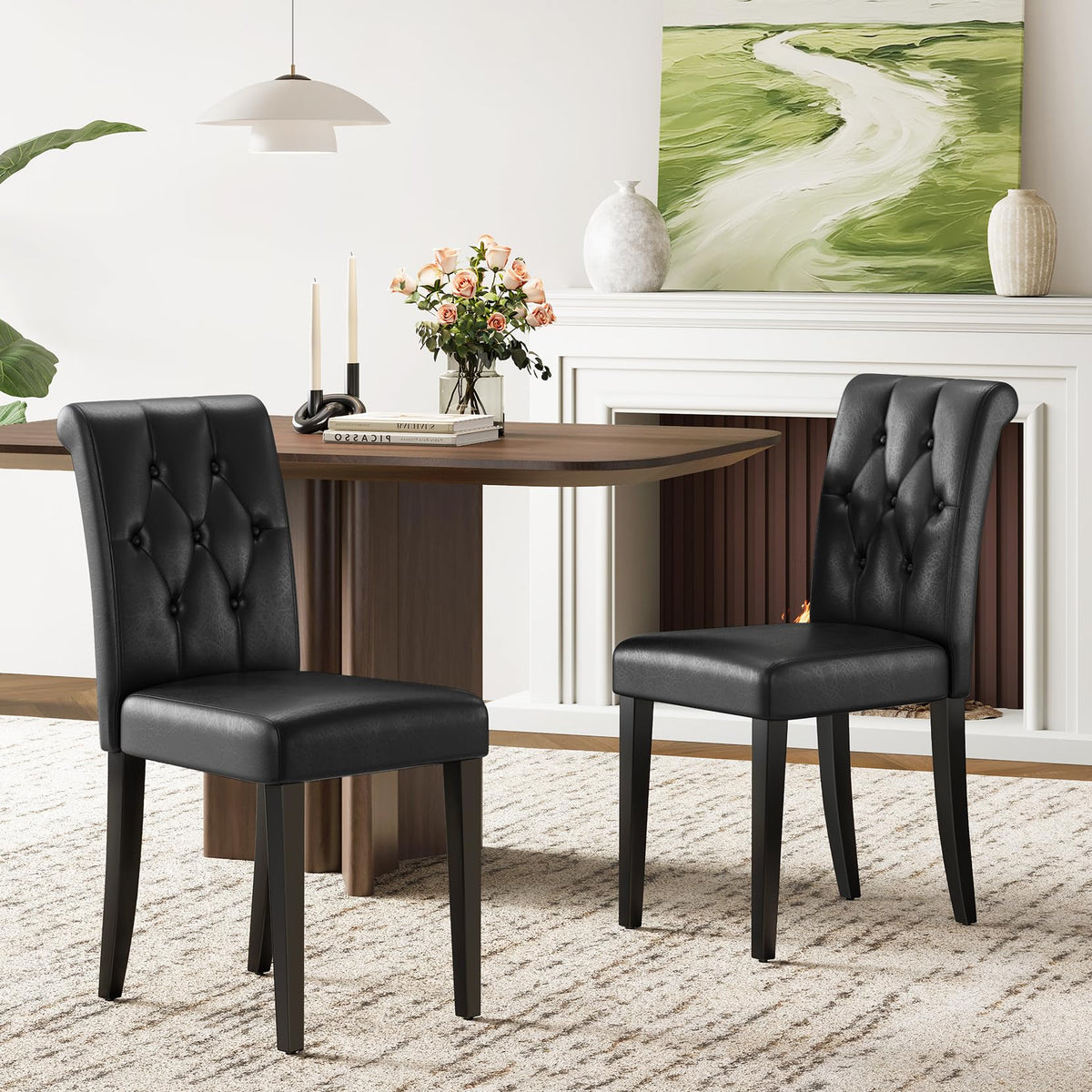 Upholstered Dining Chairs Set of 4 Tufted Wood Legs Jet Black M277688