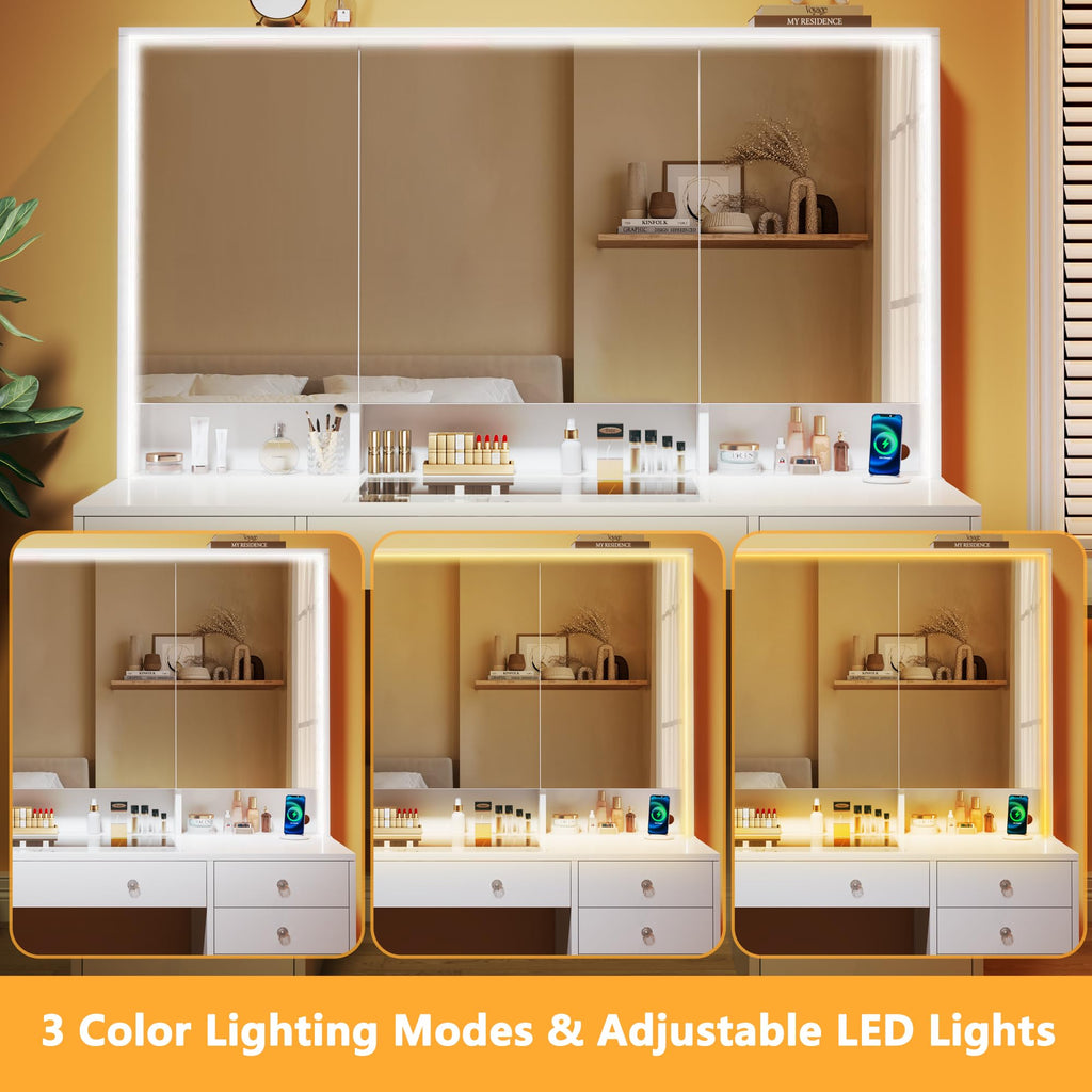50'' White Glass Top Makeup Vanity with 11 Drawers and LED Mirror E1226