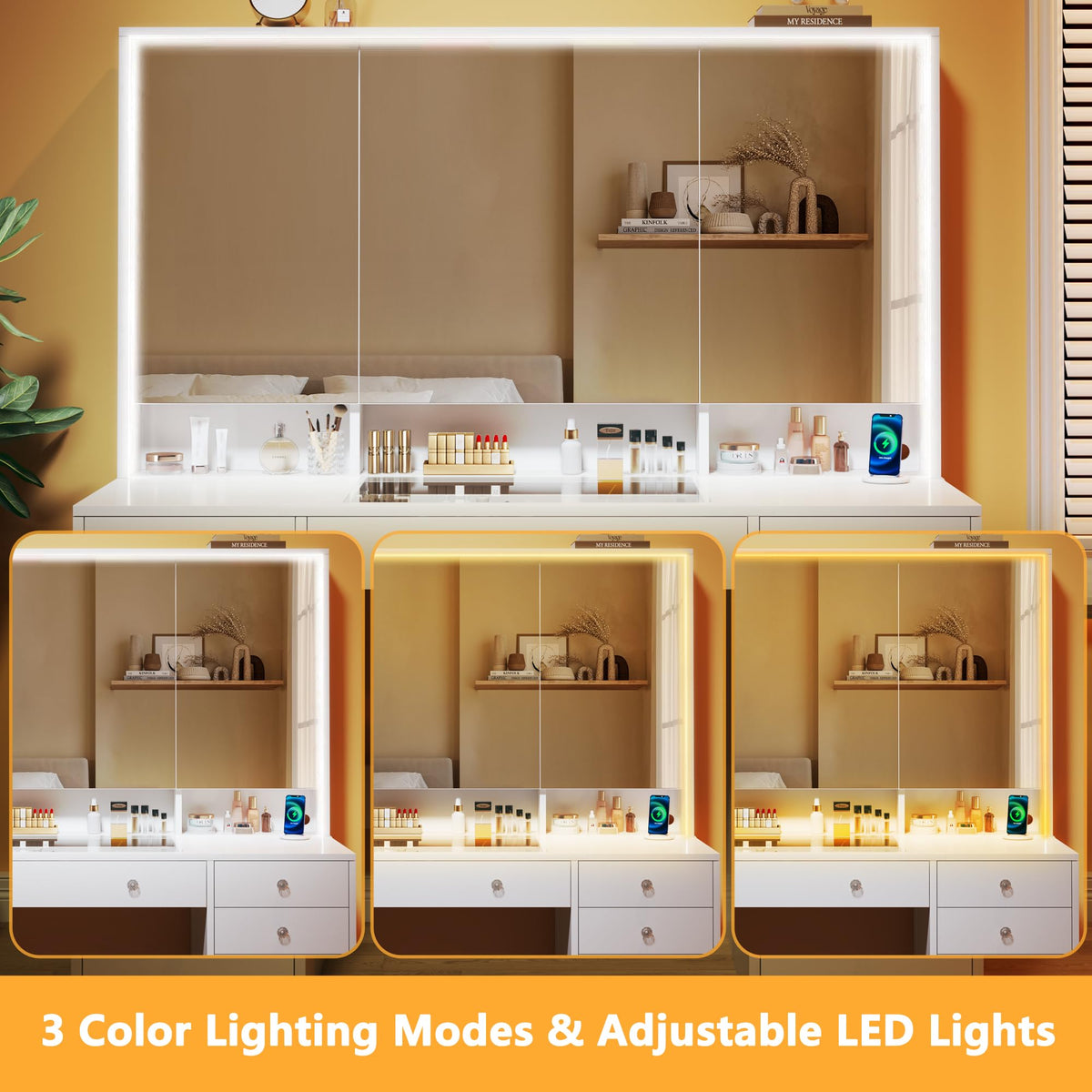50'' White Glass Top Makeup Vanity with 11 Drawers and LED Mirror E1226
