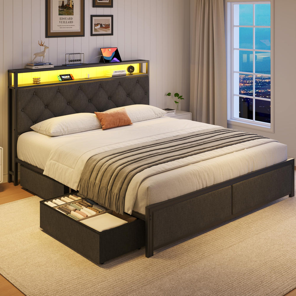 Queen Size Upholstered Bed Frame with 4 Drawers and Storage Headboard J162