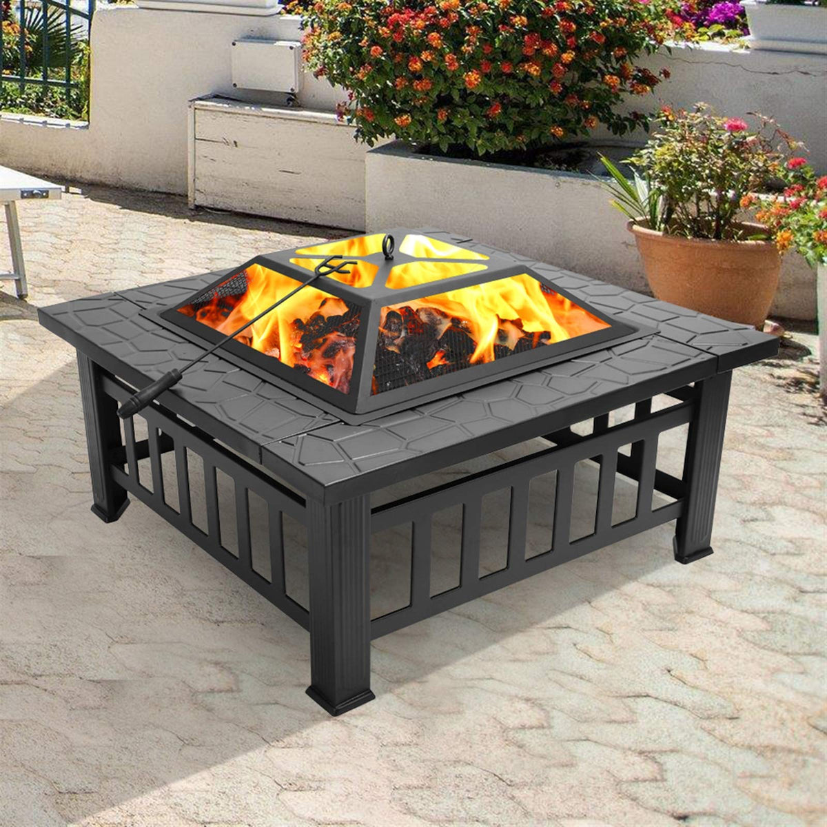 32-inch Metal Outdoor Fire Pit with Fireplace Screen L654687