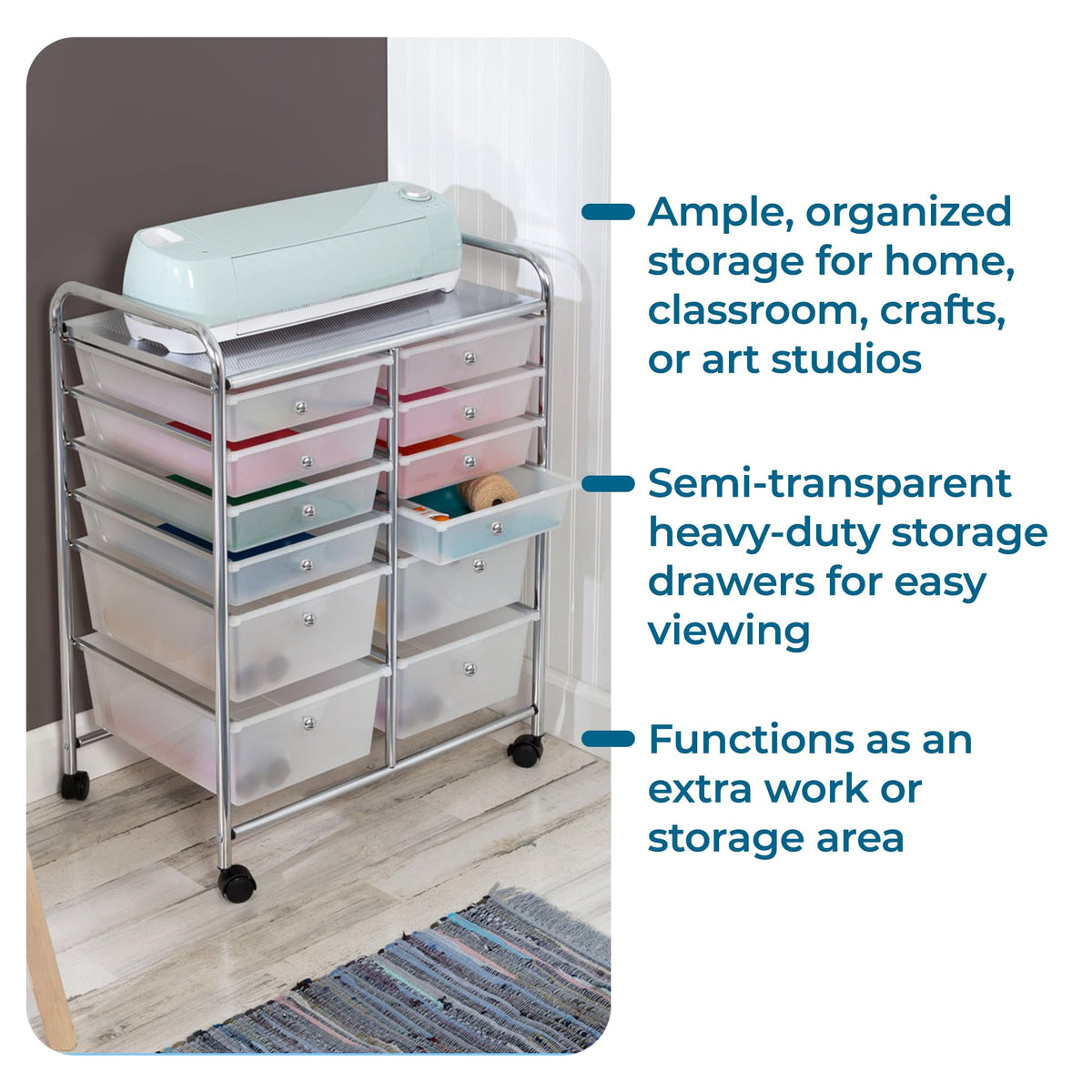 Rolling Craft Storage Cart, Clear, 12-Drawer I9344