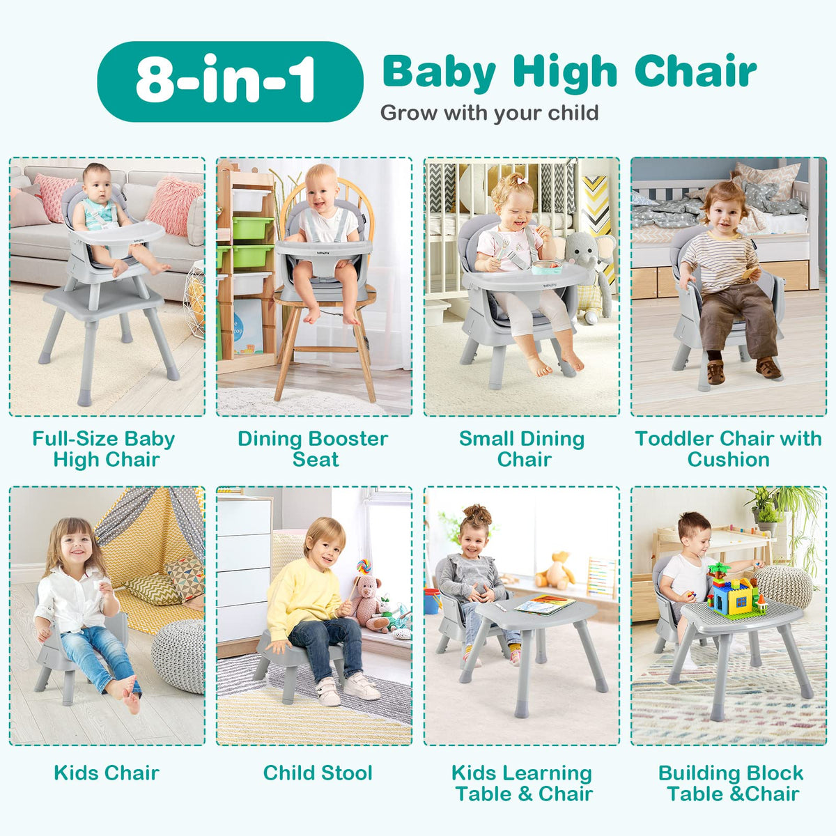 8 in 1 Convertible High Chair with Removable Tray D89393