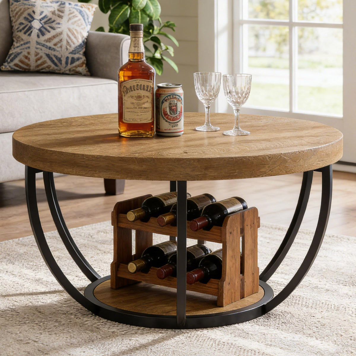 Round 2-Tier Wood Coffee Table with Storage D69878