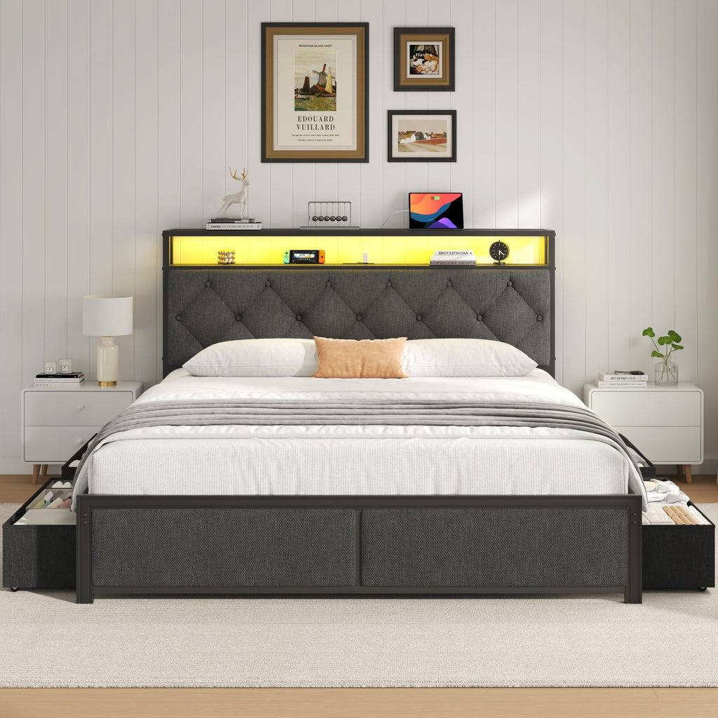 Queen Size Upholstered Bed Frame with 4 Drawers and Storage Headboard J162