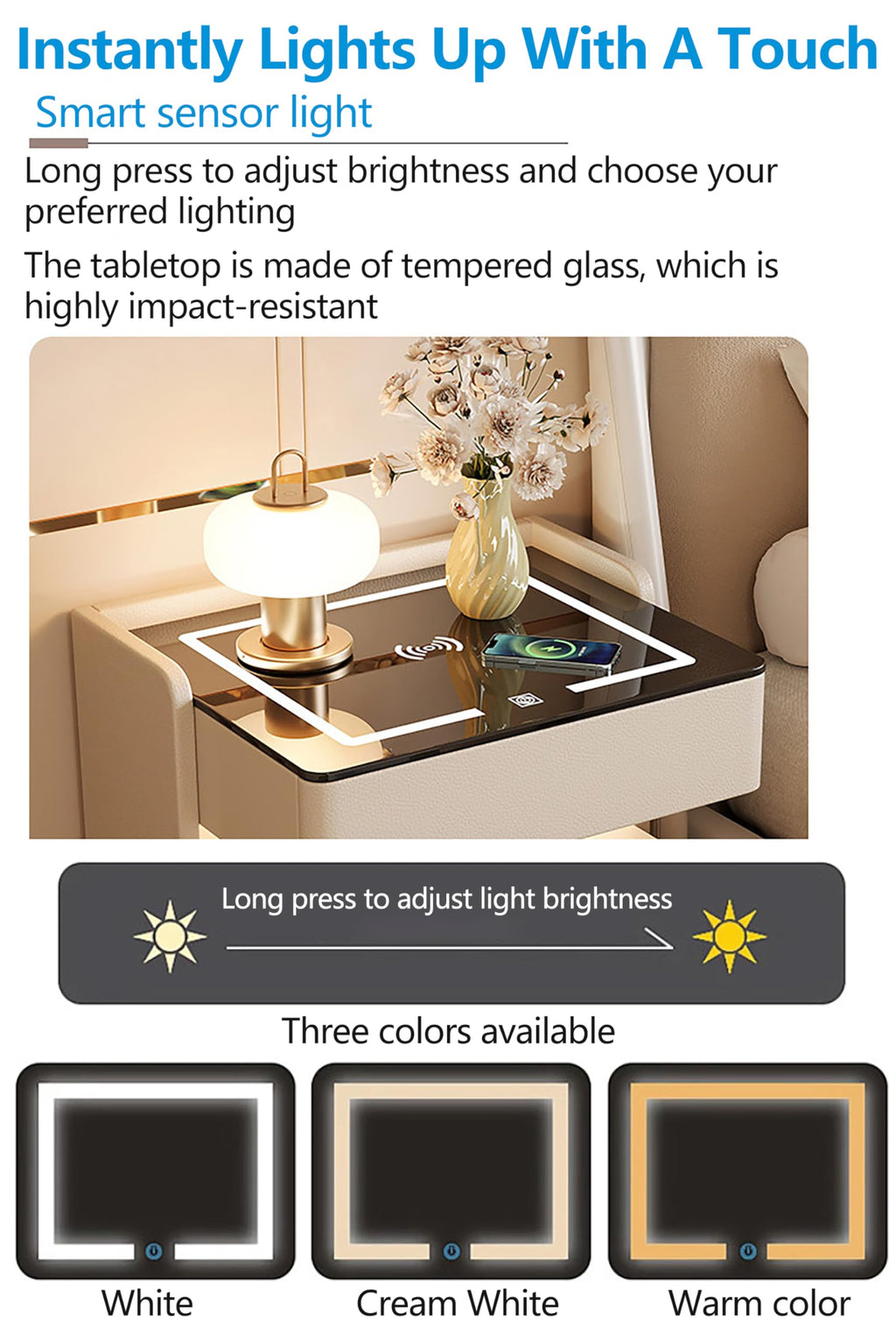 Smart Nightstand with 2 Storage Drawer, Wireless Charging Station, 3-Color Adjustable LED Light, Solid Wood Side Table D762