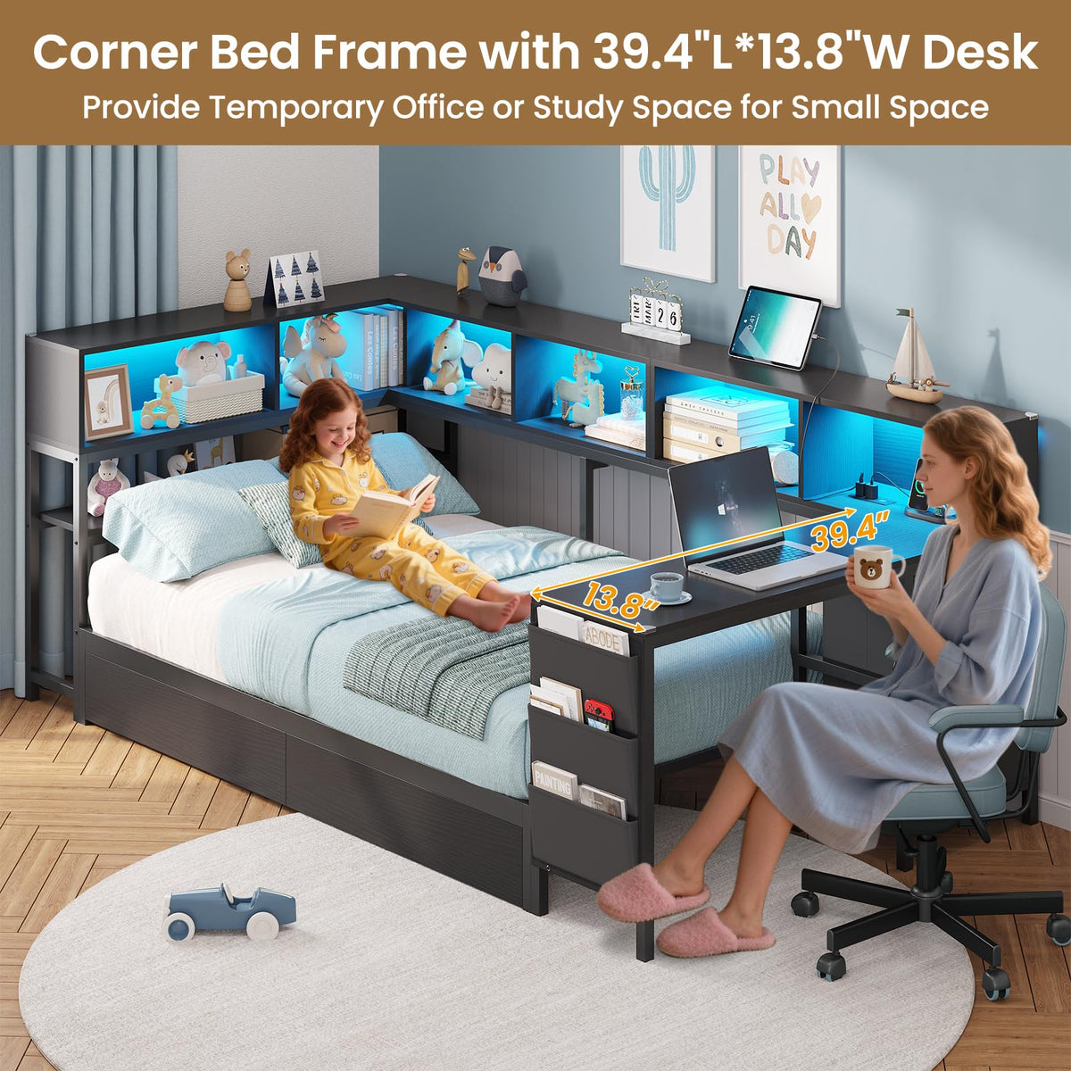Black Twin Size Corner Bed Frame with Desk and Storage Q338505