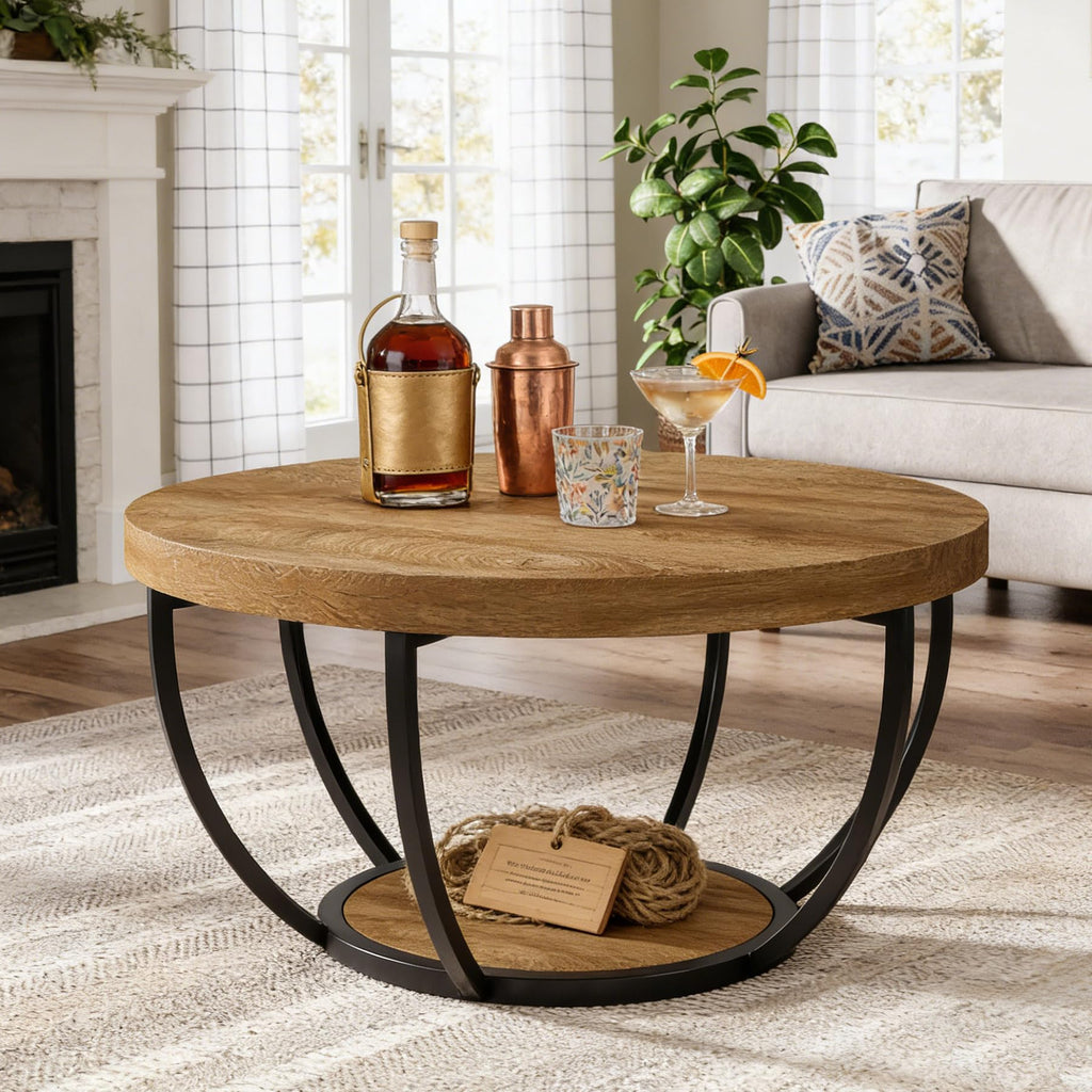 Round 2-Tier Wood Coffee Table with Storage D69878