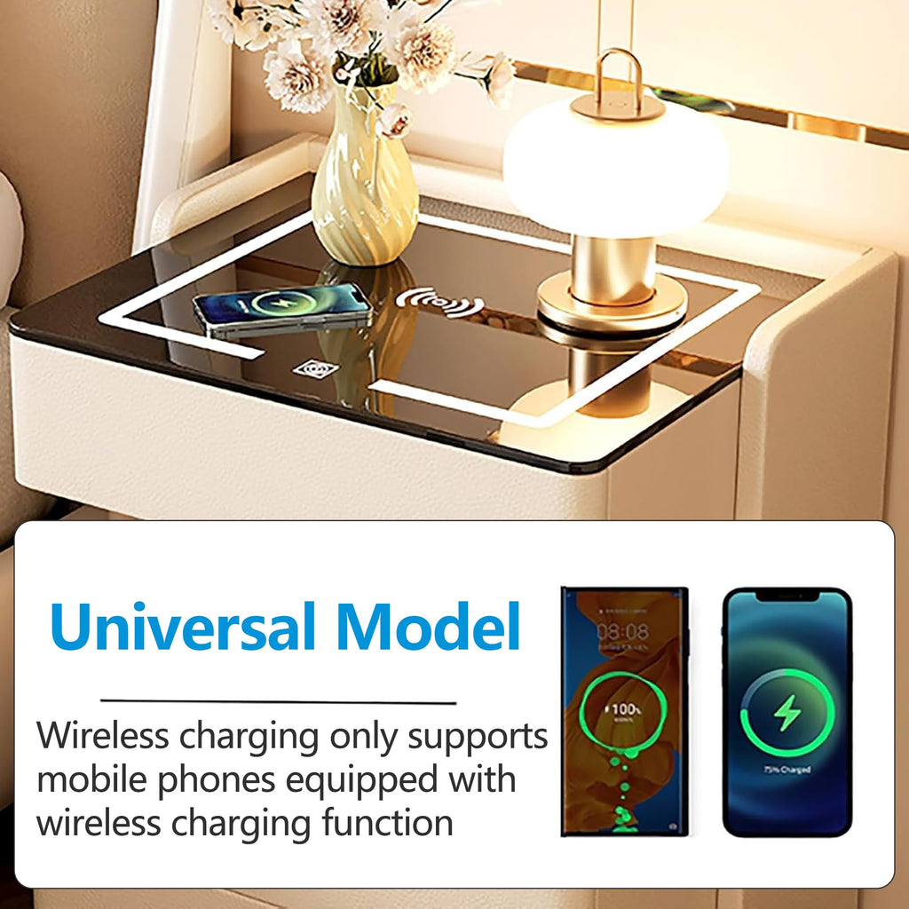Smart Nightstand with 2 Storage Drawer, Wireless Charging Station, 3-Color Adjustable LED Light, Solid Wood Side Table D762