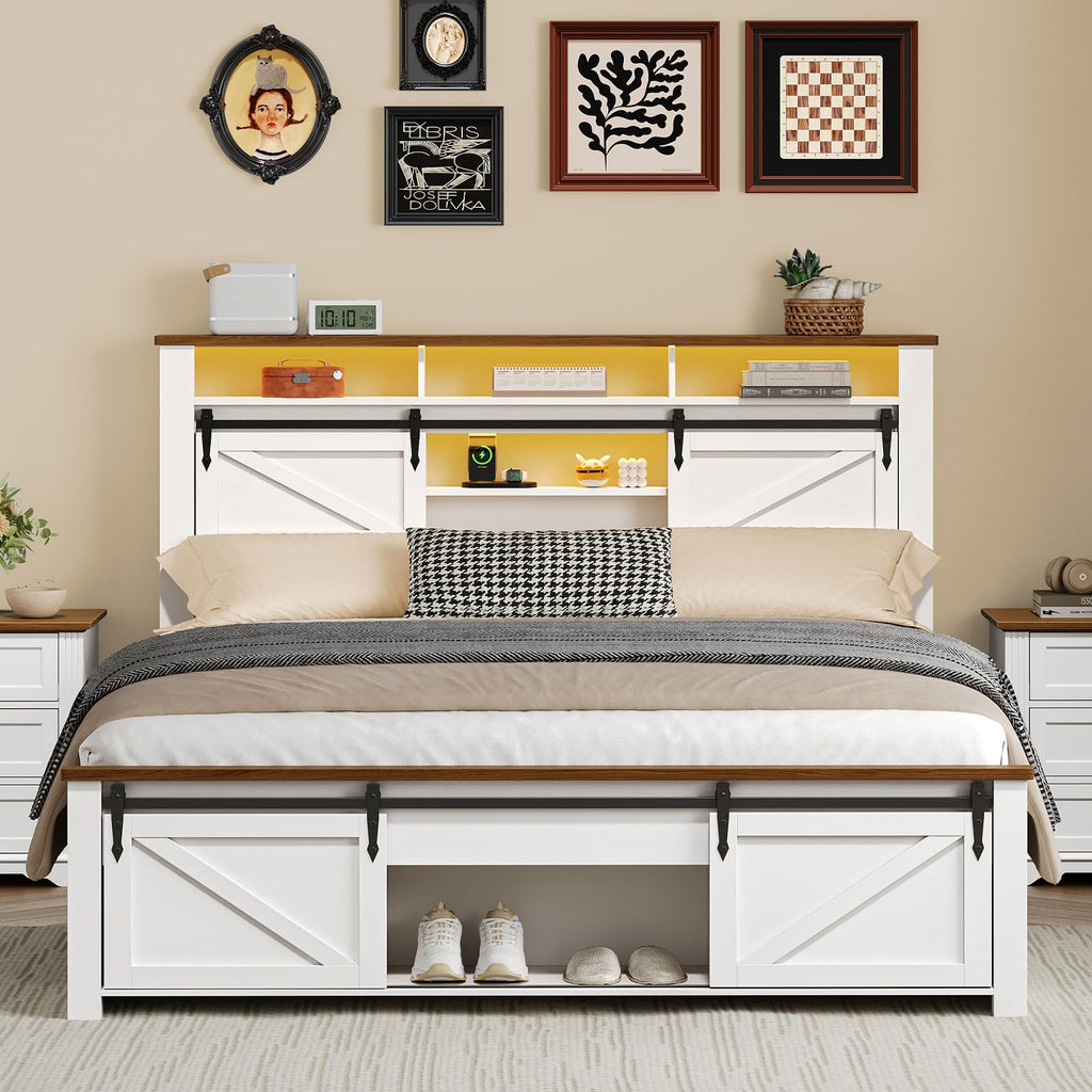 White and Walnut Full Size Storage Bed Frame I528