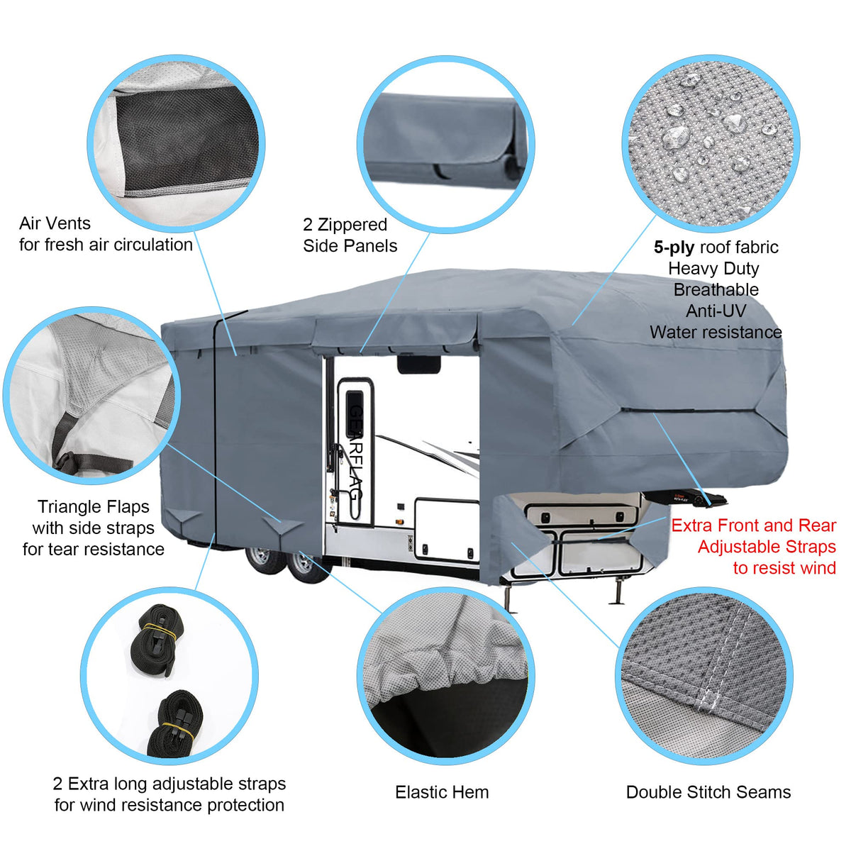 5th Wheel RV Trailer Cover 5 Layers with Windproof Side-Straps Heavy Duty 24' - 26' O218