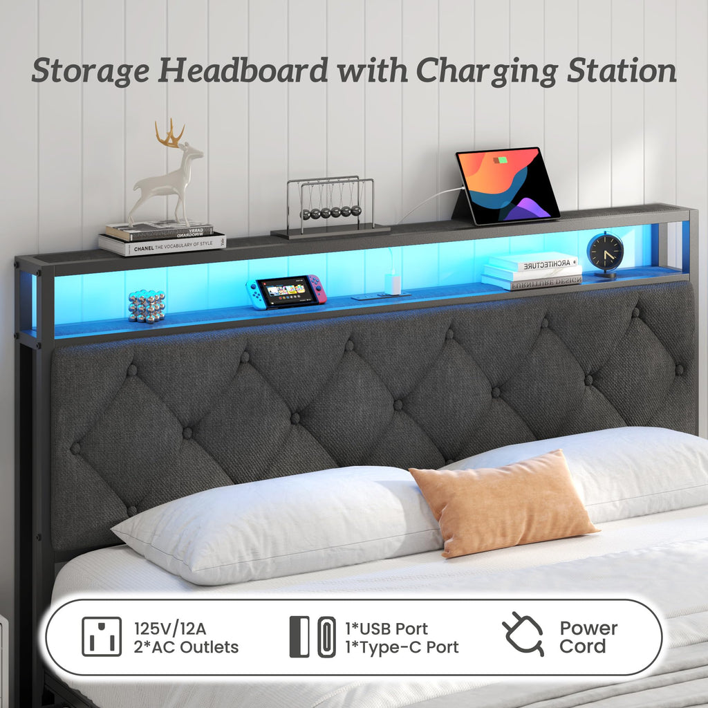 Queen Size Upholstered Bed Frame with 4 Drawers and Storage Headboard J162