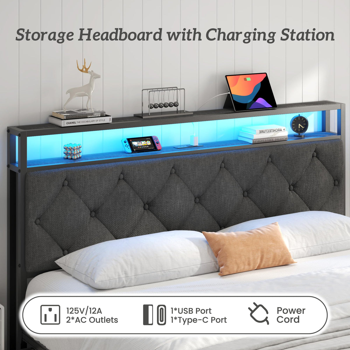 Queen Size Upholstered Bed Frame with 4 Drawers and Storage Headboard J162