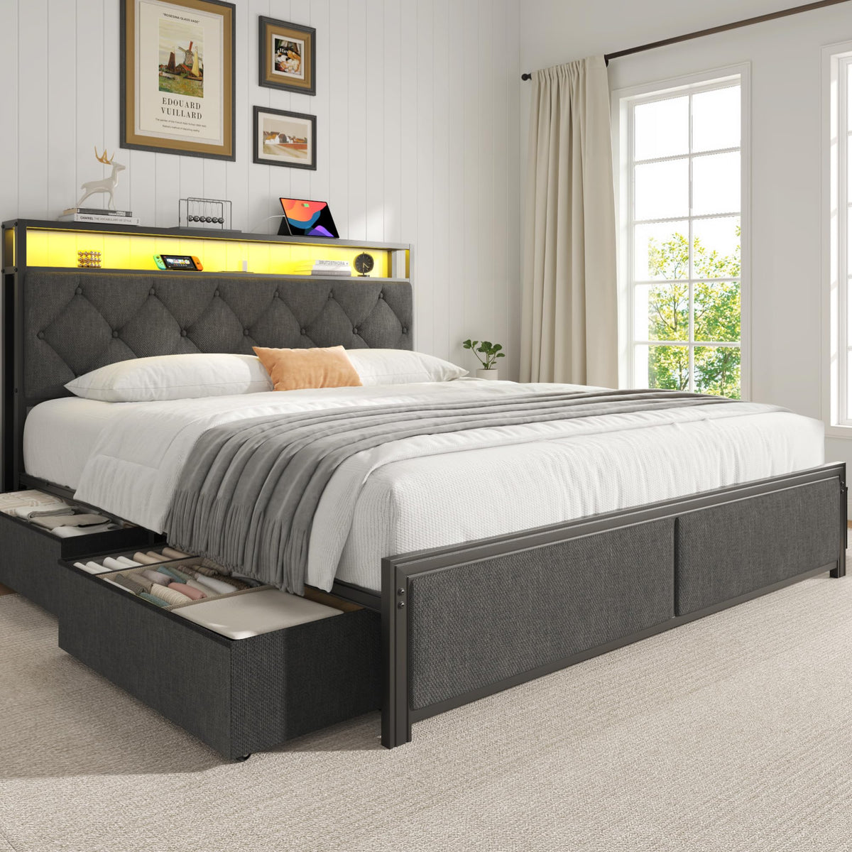 Queen Size Upholstered Bed Frame with 4 Drawers and Storage Headboard J162