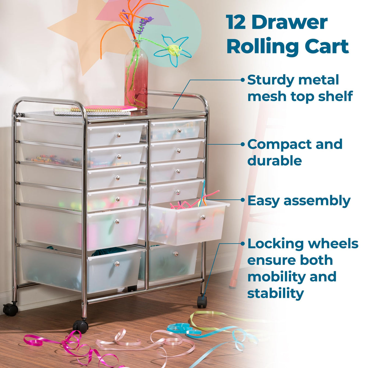 Rolling Craft Storage Cart, Clear, 12-Drawer I9344
