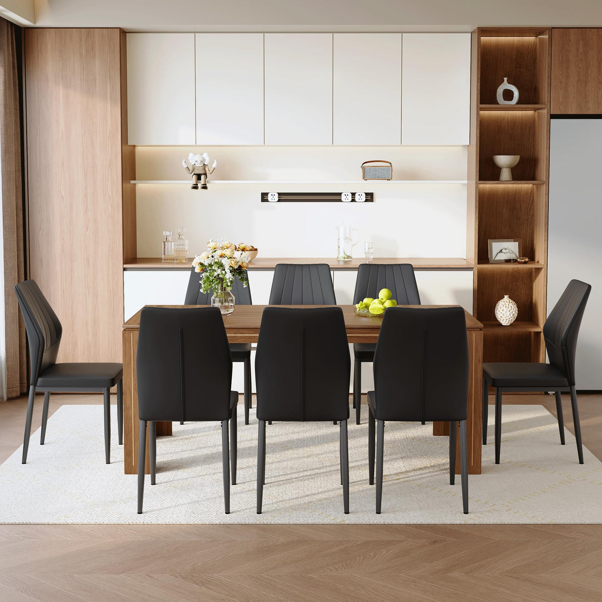 71" Farmhouse Dining Table Set for 8 with PU Leather Chairs K8017