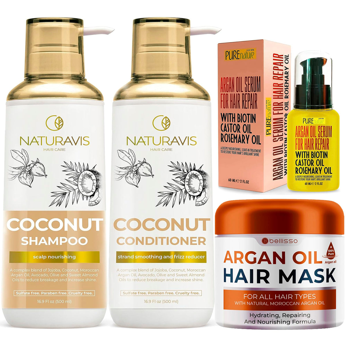 Coconut Shampoo and Conditioner Set and Moroccan Argan Oil Mask and Hair Serum K109497
